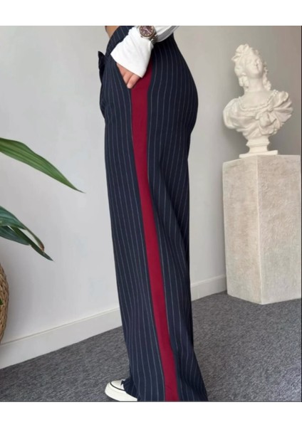 Bordo Renk Bloklu Çizgili Palazzo Lacivert Pantolon