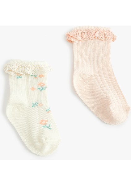 Pamuklu Çiçekli Dantel Detaylı 2'li Soket Çorap Seti