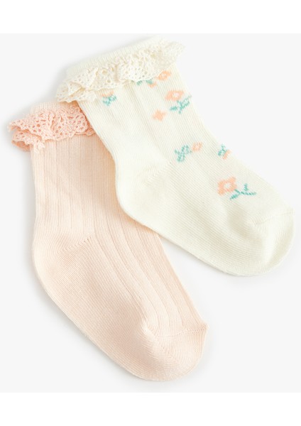 Pamuklu Çiçekli Dantel Detaylı 2'li Soket Çorap Seti fiyatları