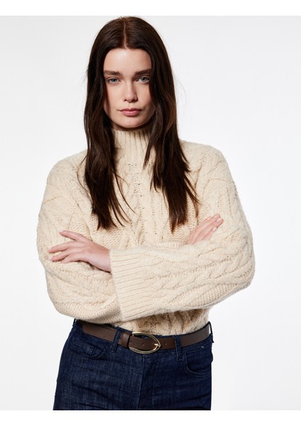 x Şahika Ercümen - Uzun Kollu Balıkçı Yaka Saç Örgü Kazak