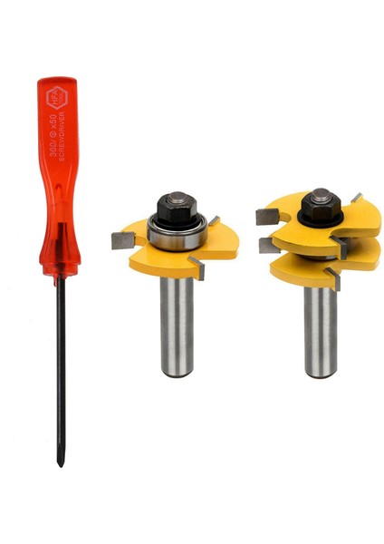 1x Tri Kanat Tornavida Aracı ve 2x Dil ve Oluk Seti Yönlendirici Bit Seti Ahşap Kapı Döşemesi 3 Diş Ayarlanabilir (Yurt Dışından)