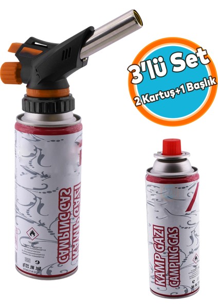Kamp Gazı Yedek Kartuşu Çakmaklı Pürmüz 227 Gram Piknik Kamp Mangal Mutfak Ateş Tutuşturucu 2+1 Set
