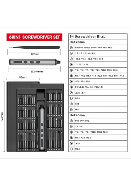68 Inç 1 Kordonsuz Elektrik Tornavideri Seti Hassas Tornavida Set Vidalı Tiyatro Bitleri LED Işıkla Hızlı Şarj (Yurt Dışından) modelleri