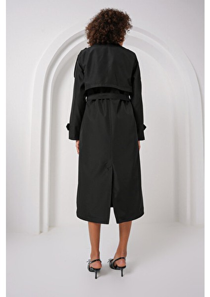 Kadın Siyah Kruvaze Yaka Uzun Trençkot %100 Polyester Regular Kalıp
