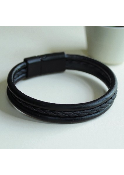 Siyah Deri Bileklik Örgü Deri, Mıknatıs Kapama, Şık ve Modern Tasarım, 3 Beden fırsatları