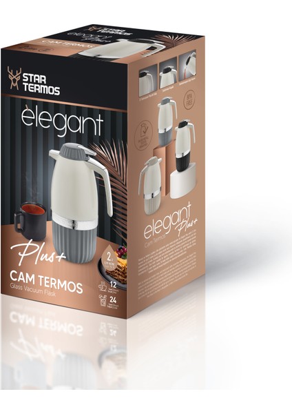 s 2 Litre Elegant Serisi Cam Termos / Bej | 12 saat sıcak, 24 saat soğuk muhafaza