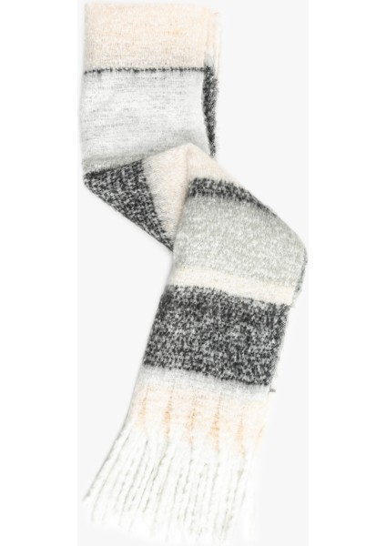 Yumuşak Dokulu Püsküllü Renk Bloklu Uzun Atkı