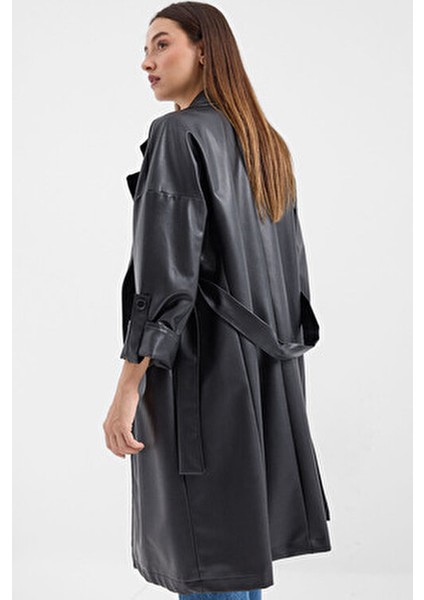 Kuşaklı Suni Deri Trençkot - Siyah Kadın Yaka Tipi ile Şık Tasarım
