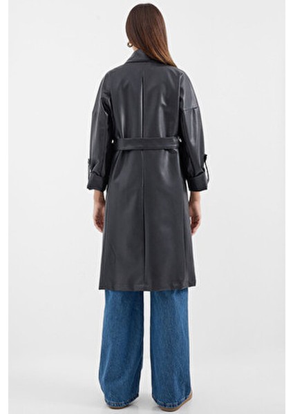 Kuşaklı Suni Deri Trençkot - Siyah Kadın Yaka Tipi ile Şık Tasarım