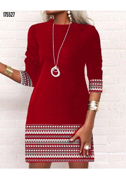 Kadın Uzun Kollu Bisiklet Yaka Kol Ağzı ve Etek Ucu Baskılı Iki Iplik Elbise