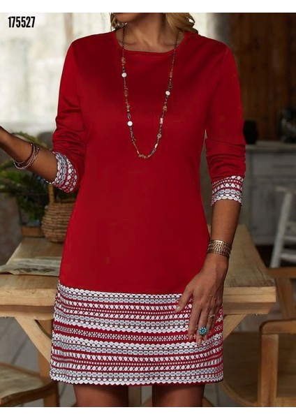 Kadın Uzun Kollu Bisiklet Yaka Kol Ağzı ve Etek Ucu Baskılı Iki Iplik Elbise fiyatları