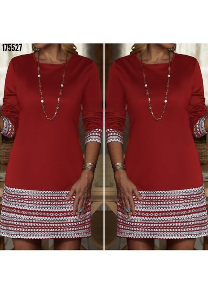 Kadın Uzun Kollu Bisiklet Yaka Kol Ağzı ve Etek Ucu Baskılı Iki Iplik Elbise fırsatları