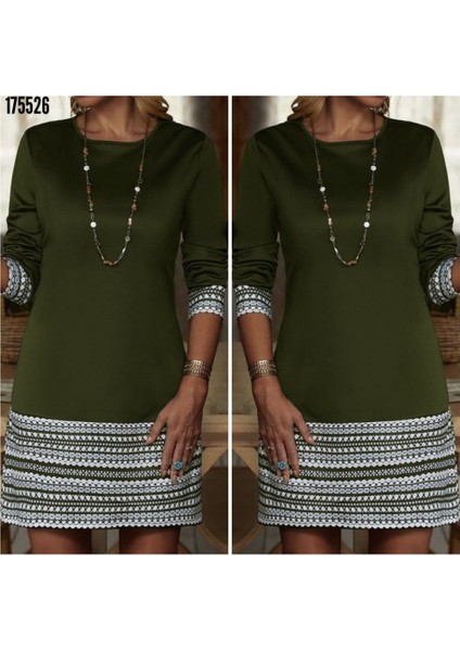 Kadın Uzun Kollu Bisiklet Yaka Kol Ağzı ve Etek Ucu Baskılı Iki Iplik Elbise fiyatları