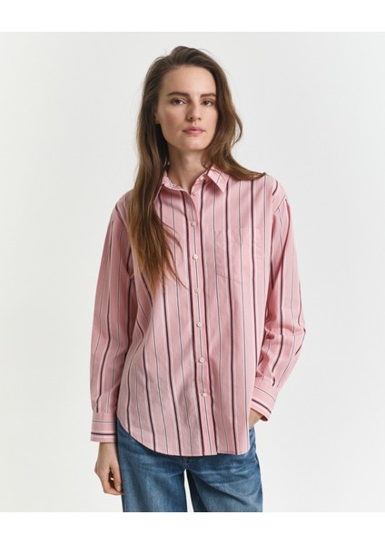 Kadın Pembe Relaxed Fit Klasik Yaka Çizgili Gömlek 4300550.659