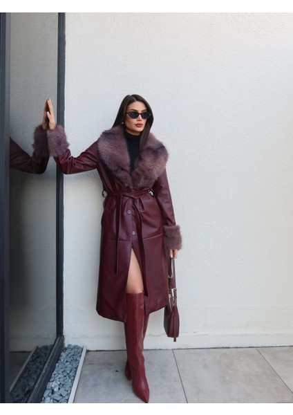 Kürk Detay Kuşaklı Deri Trench