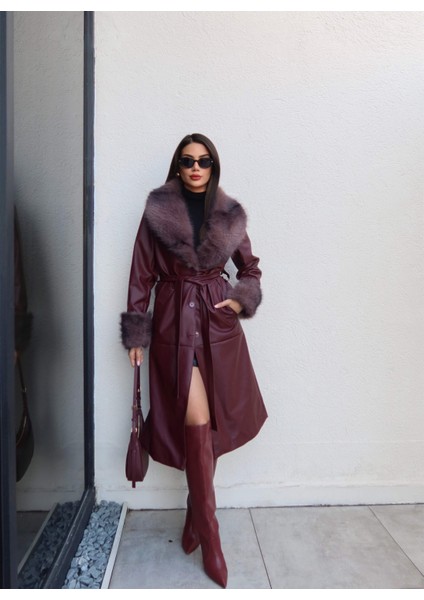 Kürk Detay Kuşaklı Deri Trench fiyatları