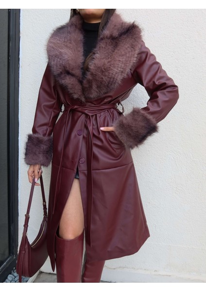 Kürk Detay Kuşaklı Deri Trench modelleri