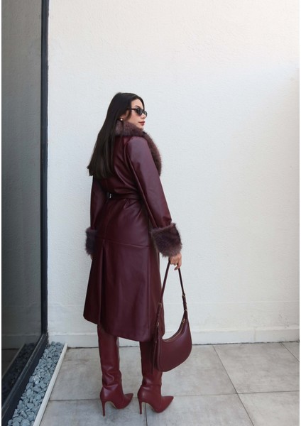 Kürk Detay Kuşaklı Deri Trench indirimleri