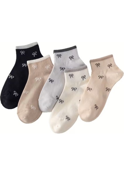 Kadın 5 Çift Premium Kalite Mini Kurdale Desenli Sevimli Kısa Kolej Ayak Bileği Çorabı