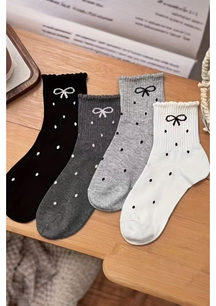 Kadın 4 Çift Kurdale ve Puantiye Desenli Günlük Kullanıma Uygun Japon Tarzı Kolej Çorap indirimleri
