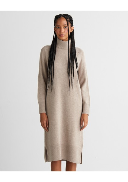 Kadın Bej Relaxed Fit Boğazlı Yaka Yün Elbise 4502089.259