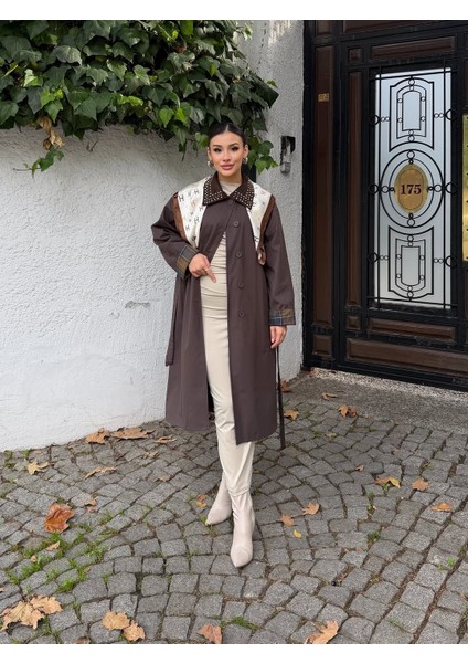 Ekose Manşet Detaylı ve Bağcıklı Kemerli Kadın Uzun Trençkotu fiyatları