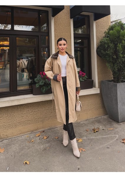 Ekose Manşet Detaylı ve Bağcıklı Kemerli Kadın Uzun Trençkotu