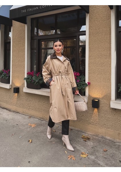 Ekose Manşet Detaylı ve Bağcıklı Kemerli Kadın Uzun Trençkotu fiyatları