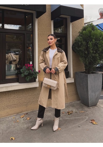 Ekose Manşet Detaylı ve Bağcıklı Kemerli Kadın Uzun Trençkotu modelleri