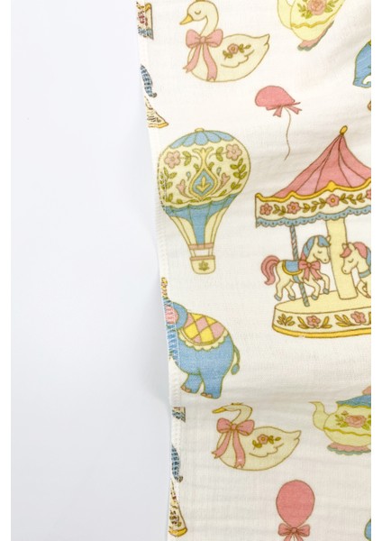 2 Katlı Müslin Örtü Atlıkarınca Desenli 80X90 cm - %100 Pamuk - Bebek Müslin Örtü