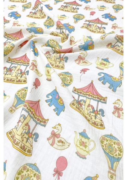 2 Katlı Müslin Örtü Atlıkarınca Desenli 80X90 cm - %100 Pamuk - Bebek Müslin Örtü modelleri