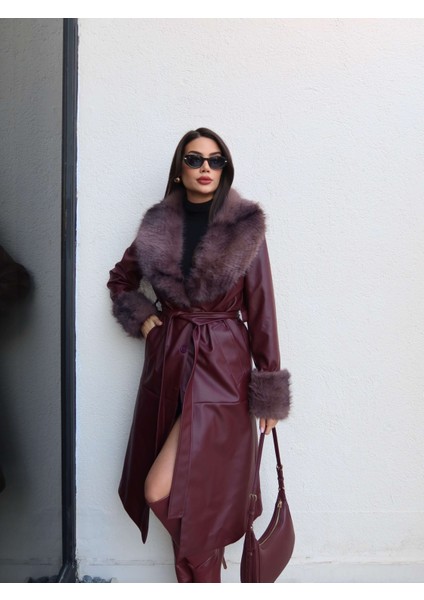 Kürk Detay Kuşaklı Deri Trench fırsatları