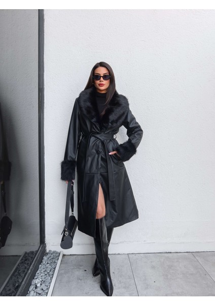 Kürk Detay Kuşaklı Deri Trench