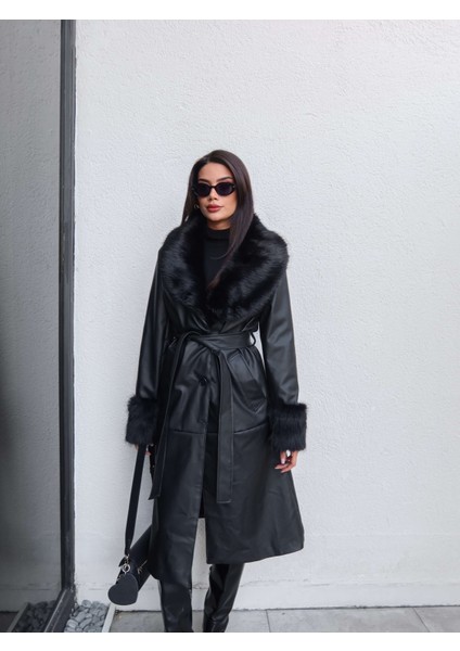 Kürk Detay Kuşaklı Deri Trench fiyatları