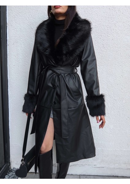 Kürk Detay Kuşaklı Deri Trench modelleri