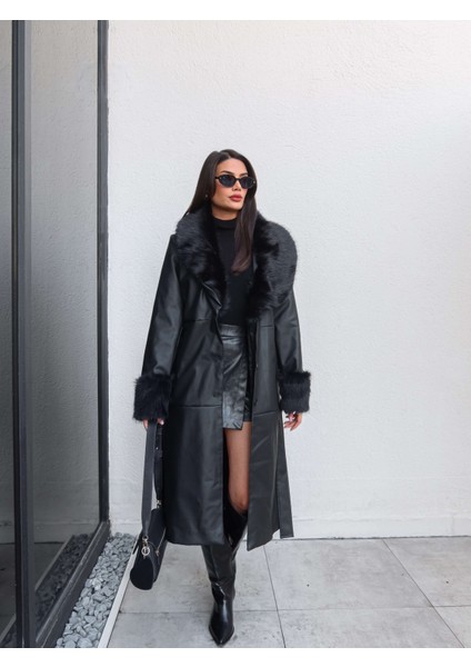 Kürk Detay Kuşaklı Deri Trench fırsatları