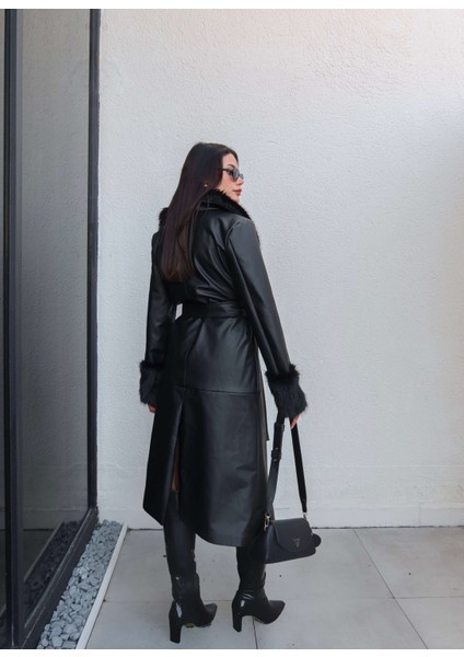 Kürk Detay Kuşaklı Deri Trench indirimleri