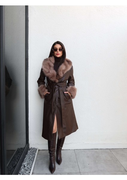 Kürk Detay Kuşaklı Deri Trench