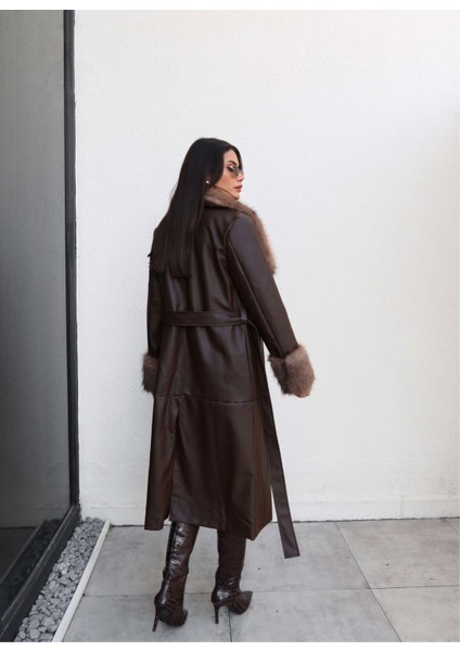 Kürk Detay Kuşaklı Deri Trench indirimleri