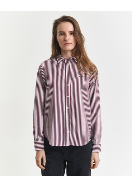 Kadın Bordo Regular Fit Klasik Yaka Çizgili Gömlek 4300214.656