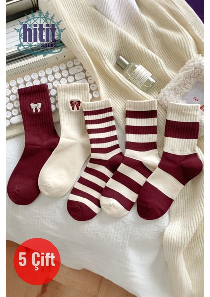Kadın 5 Çift Premium Kalite Kırmızı Beyaz Çizgili Kurdele Detaylı Uzun Kolej Çorap