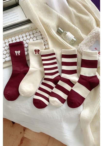 Kadın 5 Çift Premium Kalite Kırmızı Beyaz Çizgili Kurdele Detaylı Uzun Kolej Çorap fırsatları