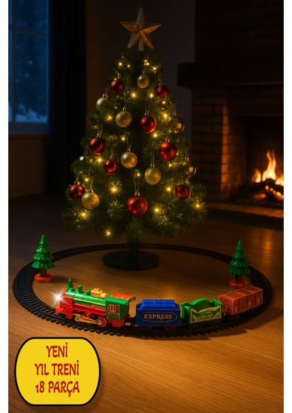 Işıklı Noel Tren Seti Yılbaşı Ağacı Yanı Raylı Oyuncak Pilli Tren Seti 18 Parça