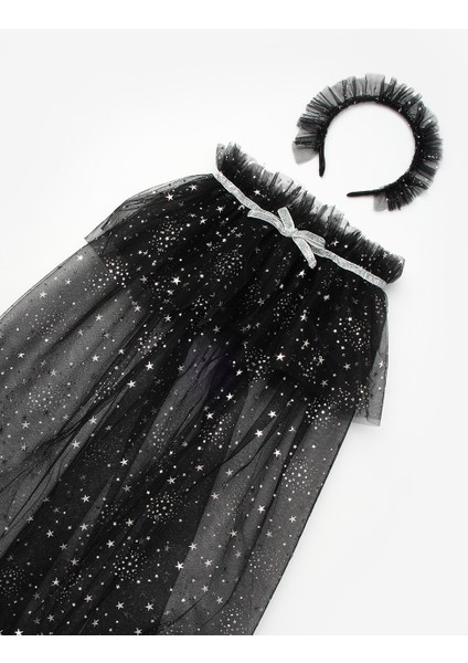 Siyah Gümüş Yıldız Desenli Kız Çocuk Pelerin Asa ve Taç Set fırsatları