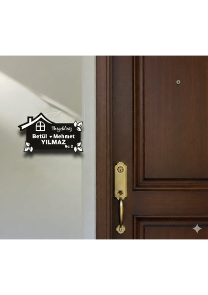Kişiye Özel Isimli Ahşap Kapı Numarası Ev Motifli Duvar Dekoru 15X25 Ölçüde