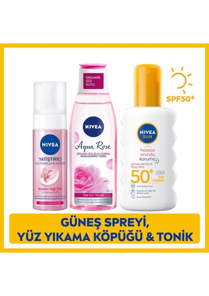 Sun SPF50 Anında Güneş Koruyucu Vücut Spreyi 200ML, Yüz Temizleme Köpüğü, Tonik 200ML, Hassas Cilt