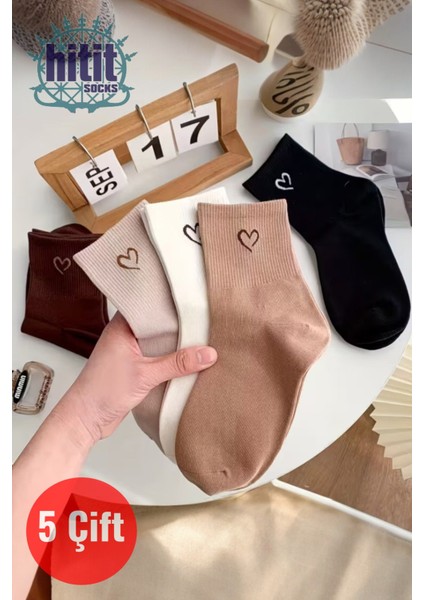 Kadın 5 Çift Premium Kalite Mini Kalp Desenli Günlük Kullanım Sevimli Kolej Çorabı