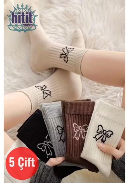 Kadın 5 Çift Premium Kalite Kurdele Desenli Günlük Kullanıma Uygun Kolej Çorap