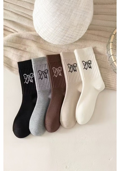 Kadın 5 Çift Premium Kalite Kurdele Desenli Günlük Kullanıma Uygun Kolej Çorap fiyatları