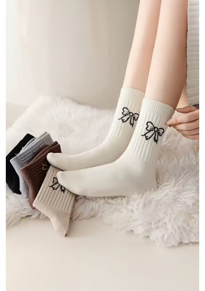 Kadın 5 Çift Premium Kalite Kurdele Desenli Günlük Kullanıma Uygun Kolej Çorap fırsatları